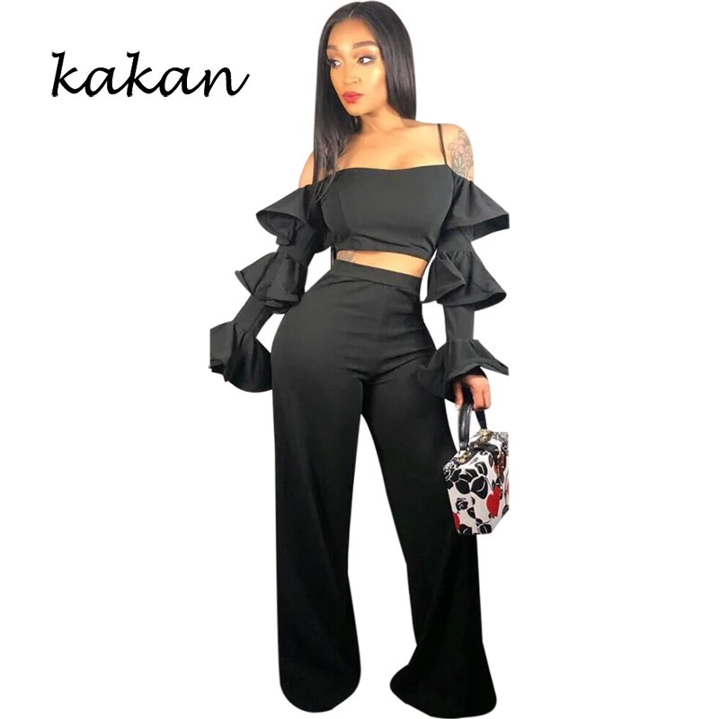 

Kakan summer new hot sexy women's jumpsuit two-piece solid color strap lotus leaf sleeve jumpsuit black jumpsuit