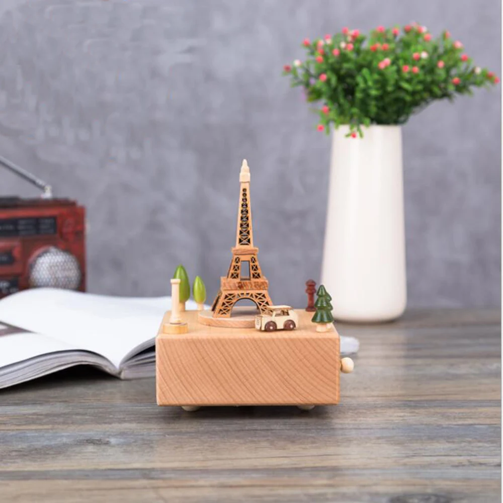 

Kawaii Tower Musical Boxes Wooden Music Box Wood Crafts Retro Birthday Gift Vintage Home Decoration Accessories