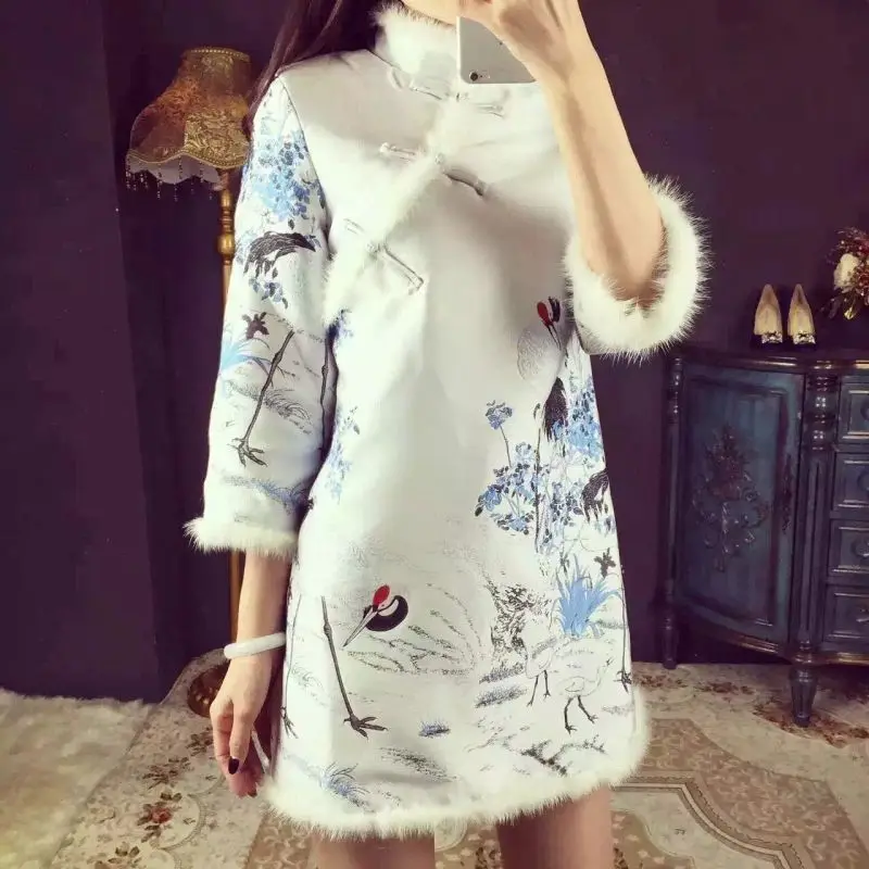 

Spring Summer Women Dresses Chinese Traditional Style Short Mini Qipao Tang Suit Crane Print Dressfashion White Cheongsam