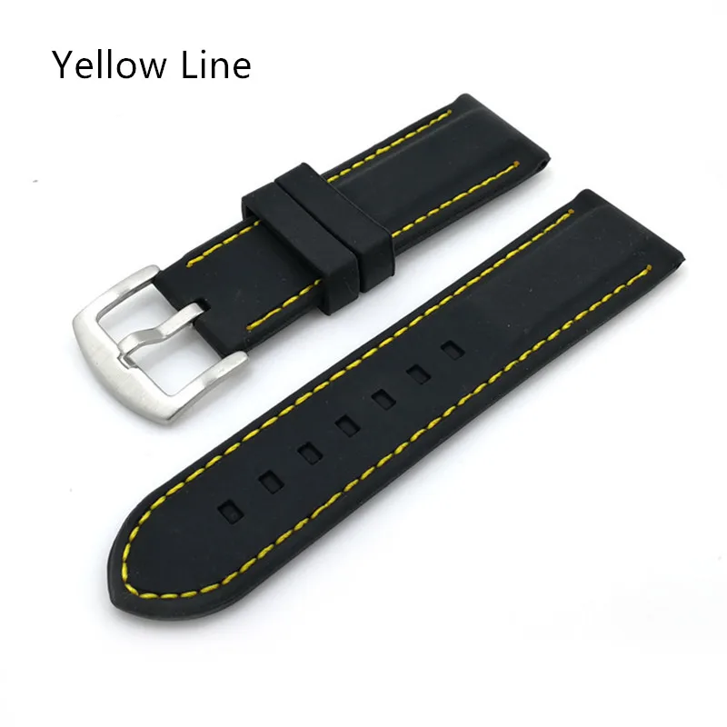 yellow line 20 мм, 22 мм, 24 мм, 26 мм, черный силиконовый резиновый ремешок для часов, ремешок для часов, водонепроницаемые Ремешки для наручных часов, утолщенная Пряжка из нержавеющей стали 316L - Цвет ремешка: yellow line