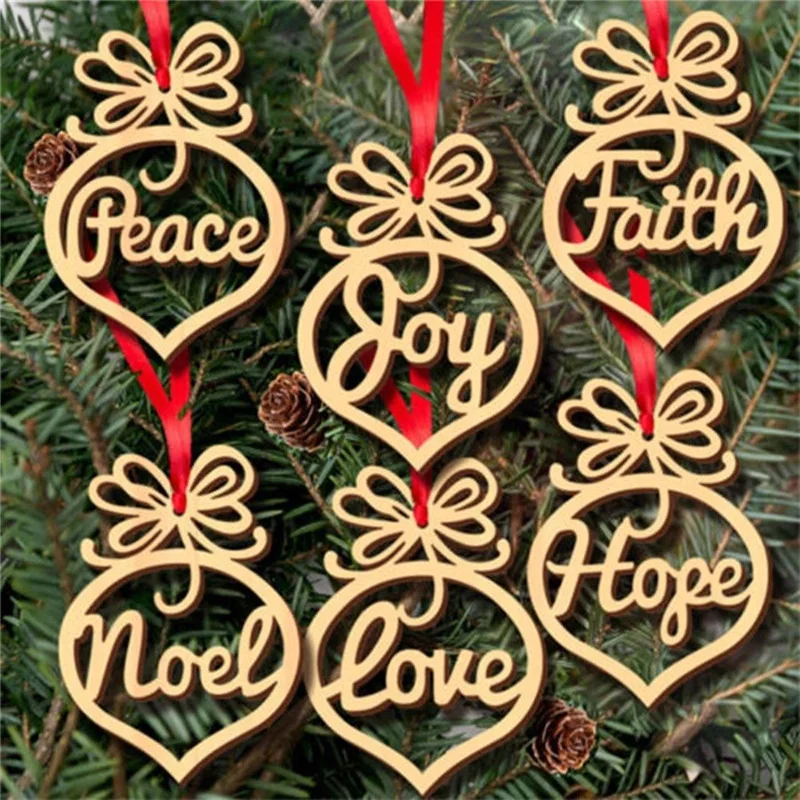 

100set Creative Peace Love Christmas Decorations Wooden Ornament Xmas Tree Hanging Tags Pendant Decor 6pcs / set lin4286
