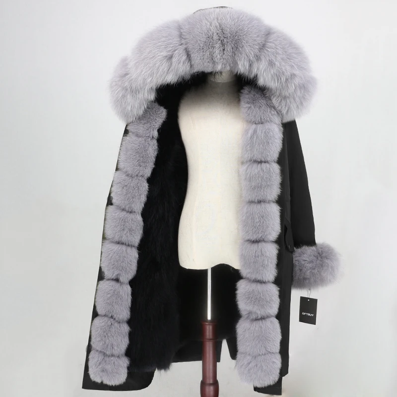 black black grey OFTBUY, зимняя женская куртка, пальто с натуральным мехом, удлиненная парка, водонепроницаемая верхняя одежда, Воротник из натурального Лисьего меха, капюшон, подкладка из лисьего меха, съемная - Цвет: black black grey