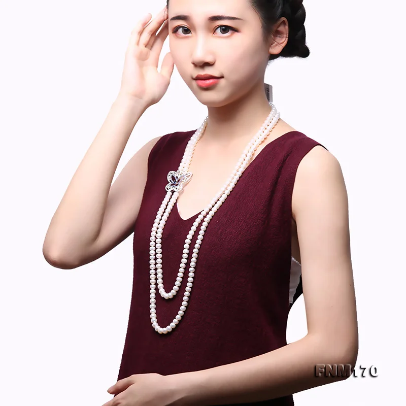 

JYX 2019 balention 2-Strands Necklace with pearl 7.5-8.5mm White Freshwater Cultured Pearl Women Long Opera Necklace