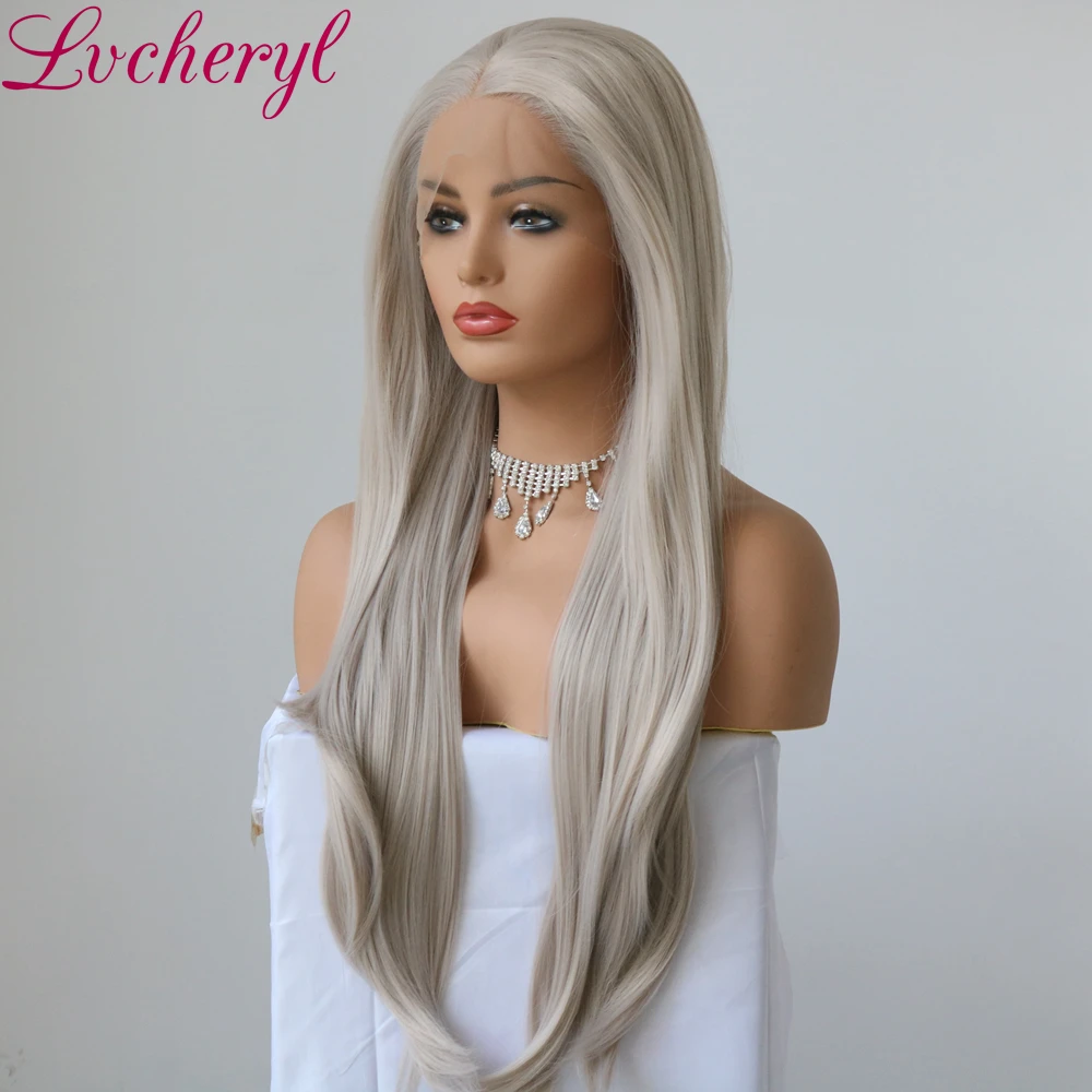 Lvcheryl ручная вязка новые Платиновые серые длинные Натуральные Прямые высокой плотности Мягкие термостойкие синтетические парики на кружеве для женщин