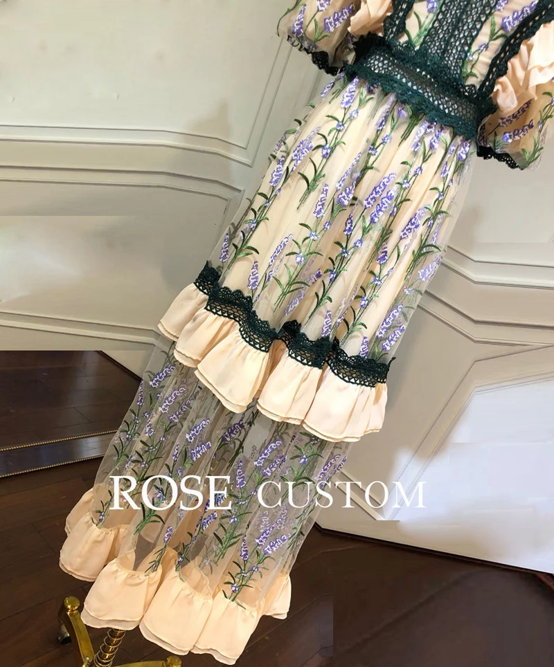 Red RoosaRosee Designer Runway Women Sexy V Neck Elegant Flower Embroidery Luxury Party Dress Lace Midi Mesh Vestidos Robe Femme