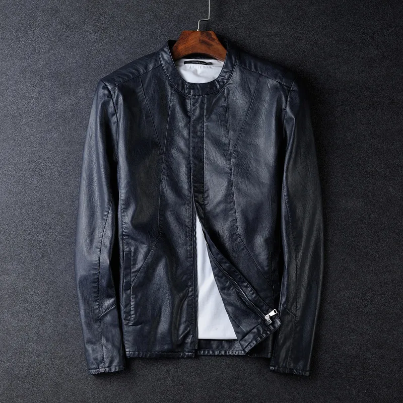 Мужская кожаная куртка Minglu тонкая приталенная байкерская из искусственной кожи