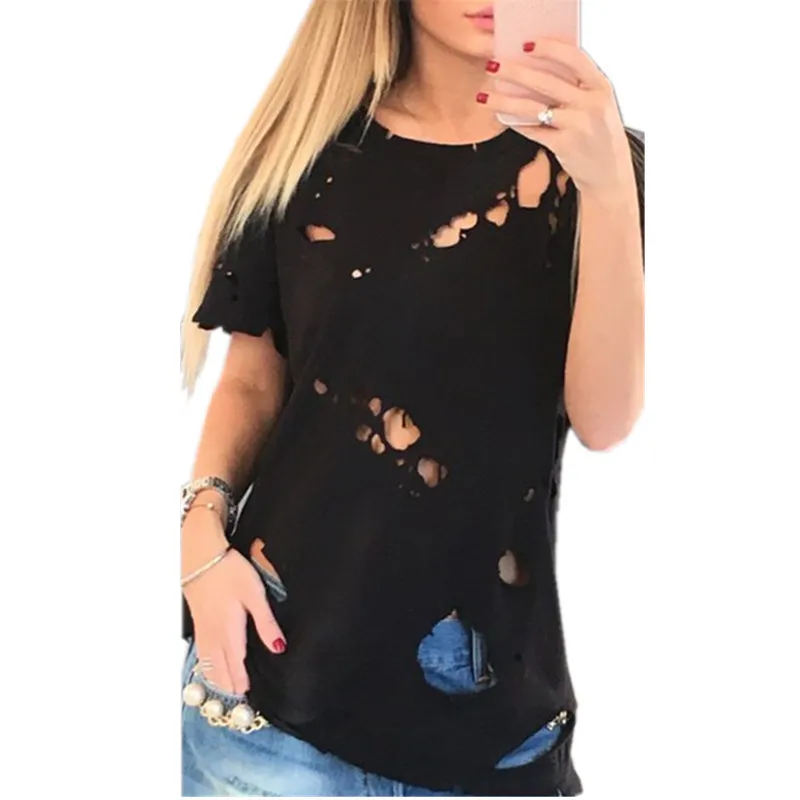 QinYuQiaYi летняя футболка с дырками, женская модная сексуальная черная белая хлопковая футболка с коротким рукавом, рваные топы, рубашки, Повседневная Свободная футболка