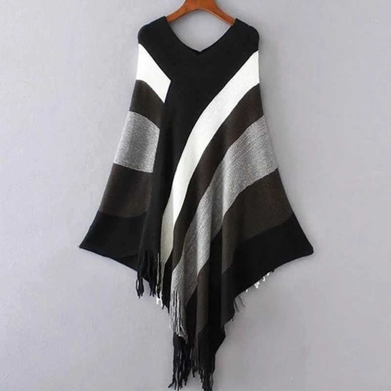 Пончо в полоску и накидки женские вязаные пончо с кисточками летучая мышь осенне