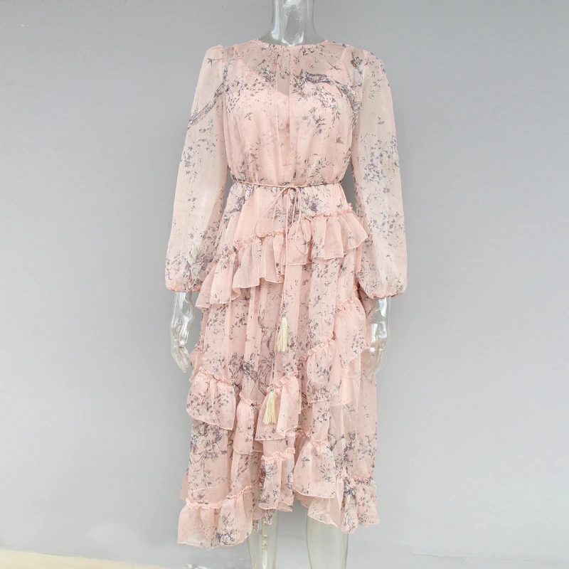 2019 ZIM Стиль Подиум платье для женщин цветочный принт оборки асимметричное