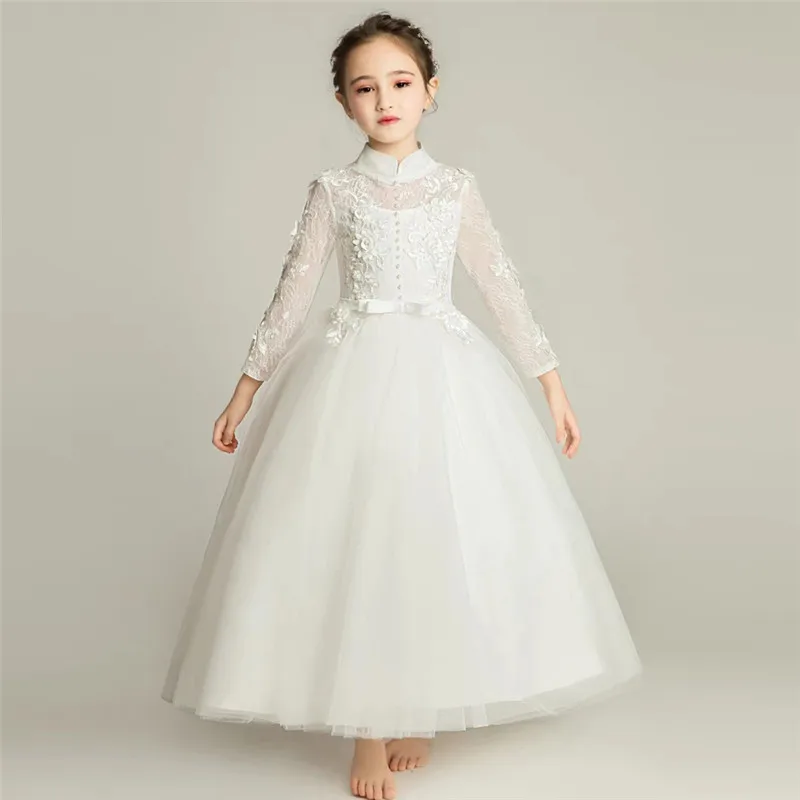 

2021 Autumn Spring New Children Girls Pure White Birthday Wedding Party Princess Lace Dress Kids Teens First Communication Dress