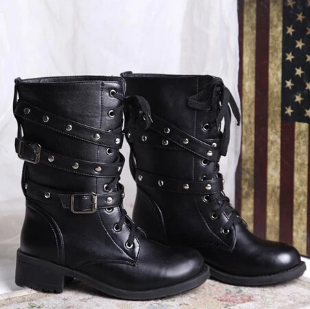 Autumn and winter women shoes large size fashion flat rivets buckle for motorcycle driving Knight Martin boots 4-11 MX78 | Обувь
