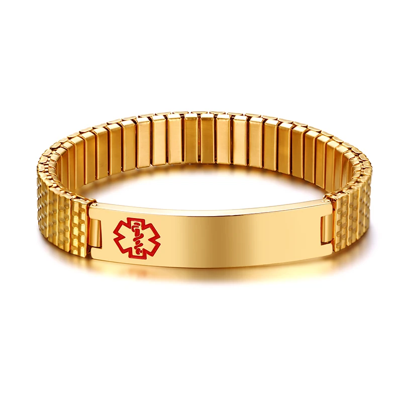 Золотой цвет Vnox Elastic Chain Free Engraving Medical Alert ID Bracelet for Women Men Stainless Steel Emergency Personalize Unisex Jewelry - Окраска металла: Золотой цвет