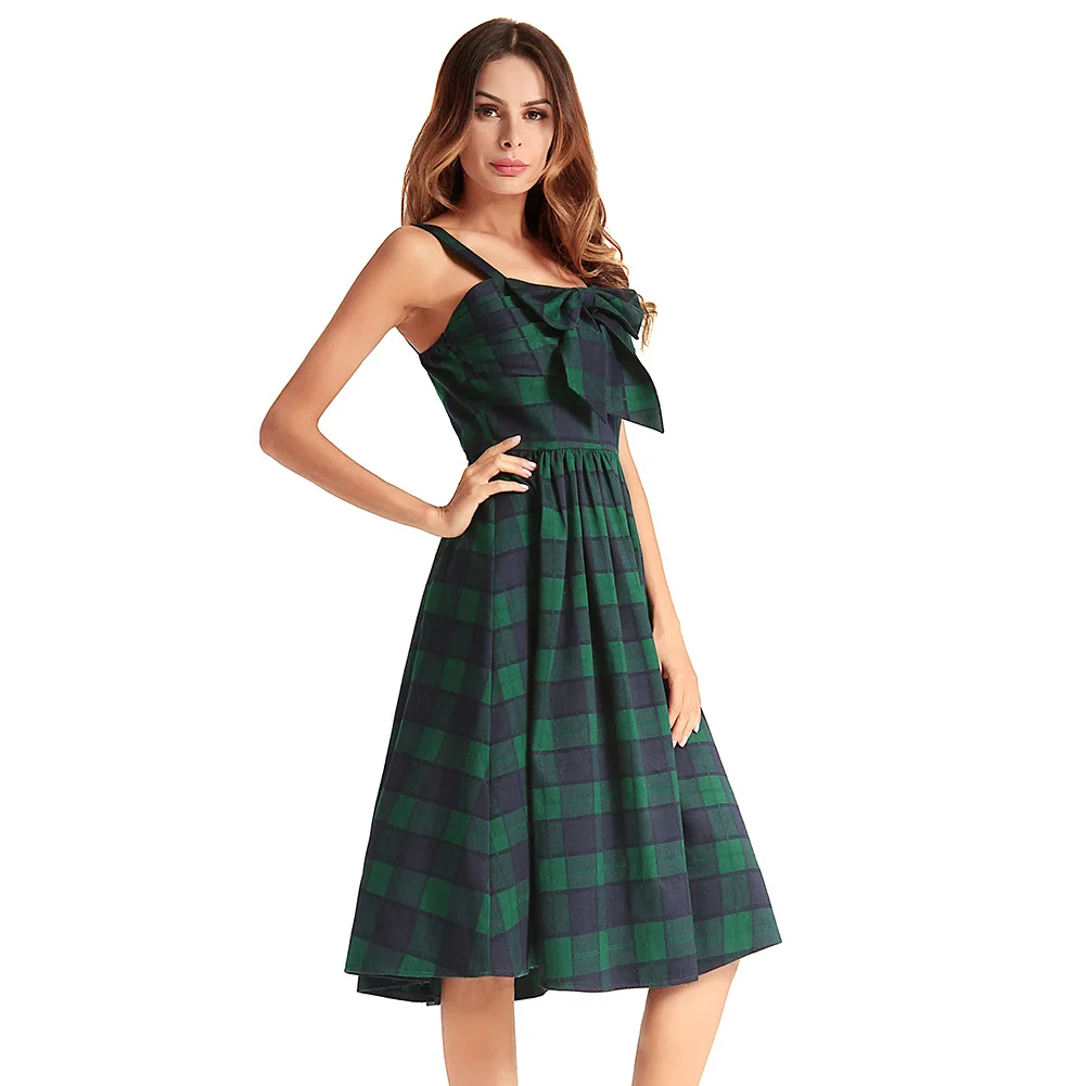 2018 летние Макси платья Винтаж без бретелек плед Для женщин с бантом вечерние