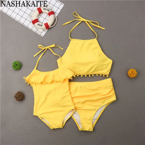 NASHAKAITE/семейный купальный костюм, однотонный купальник с кисточками и лямкой на шее, женский купальный костюм, детский купальник для мамы и дочки - Цвет: Yellow