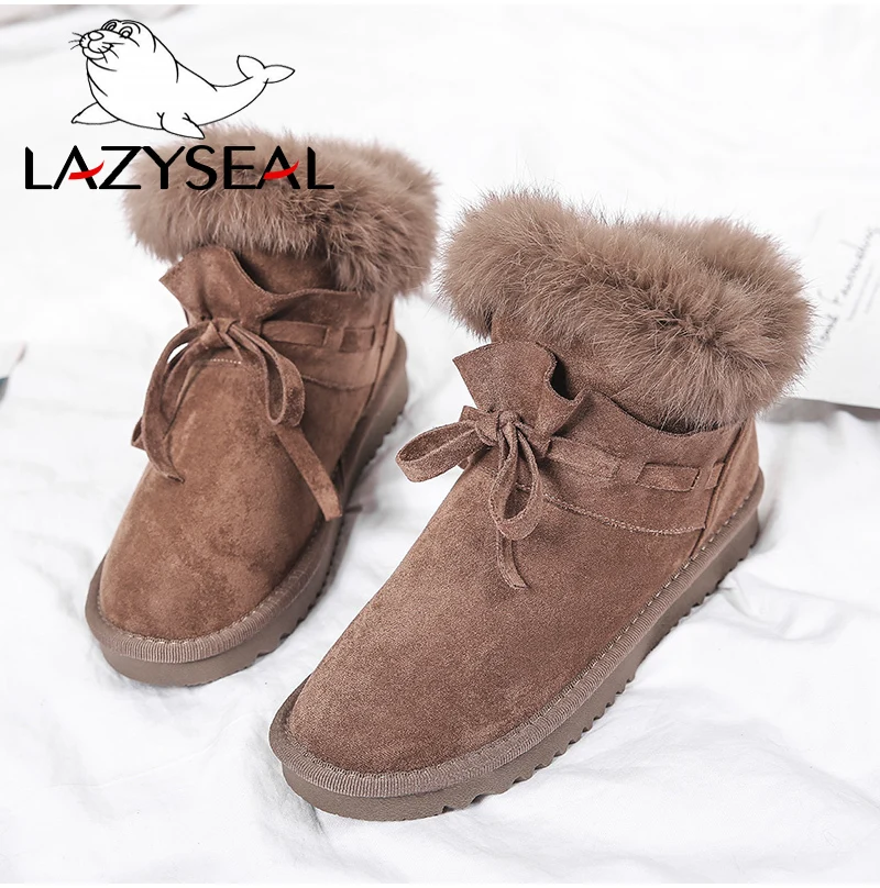 LazySeal обувь года; женские замшевые зимние ботинки с натуральным кроличьим мехом; женские Теплые ботильоны на платформе с плюшевой подкладкой со складками