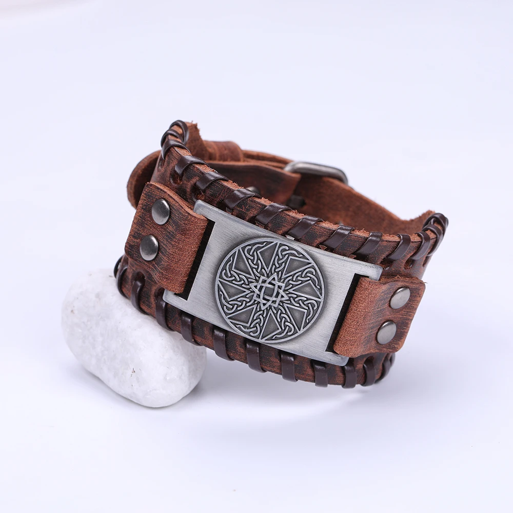 Teamer Slavic Brown Leather Bracelets for Men Star Anise Closed Round Charm Amulet Wide Braid Bracelet Vintage Viking Jewelry|Браслеты с