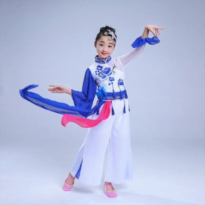 Детские костюмы hanfu Одежда для танцев синий и белый фарфор Yangge Национальный