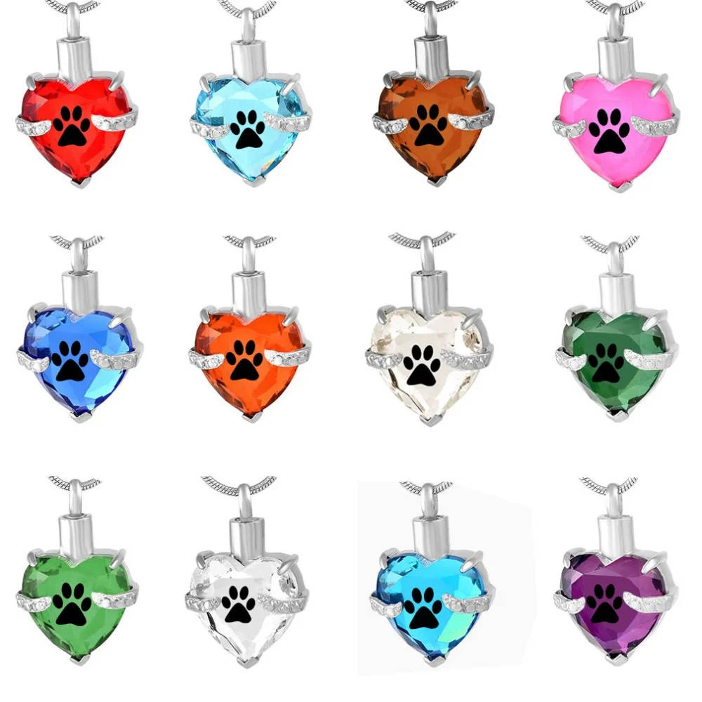 

Birthstone Crystal Heart Memorial Jewelry Stainless Steel Cremation Urn Pendant Pet Paw print Necklace
