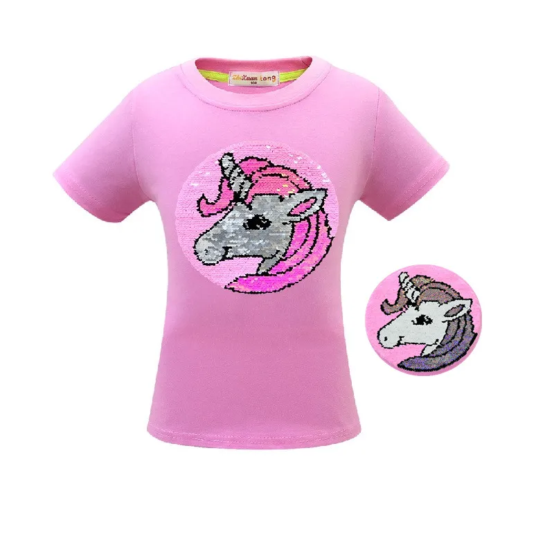 3488 Pink Футболка с единорогом летняя одежда для маленьких девочек Camiseta Unicornio, футболка топы для девочек, Femme, Детская футболка, Enfant, для дня рождения, цветная, с блестками - Цвет: 3488 Pink