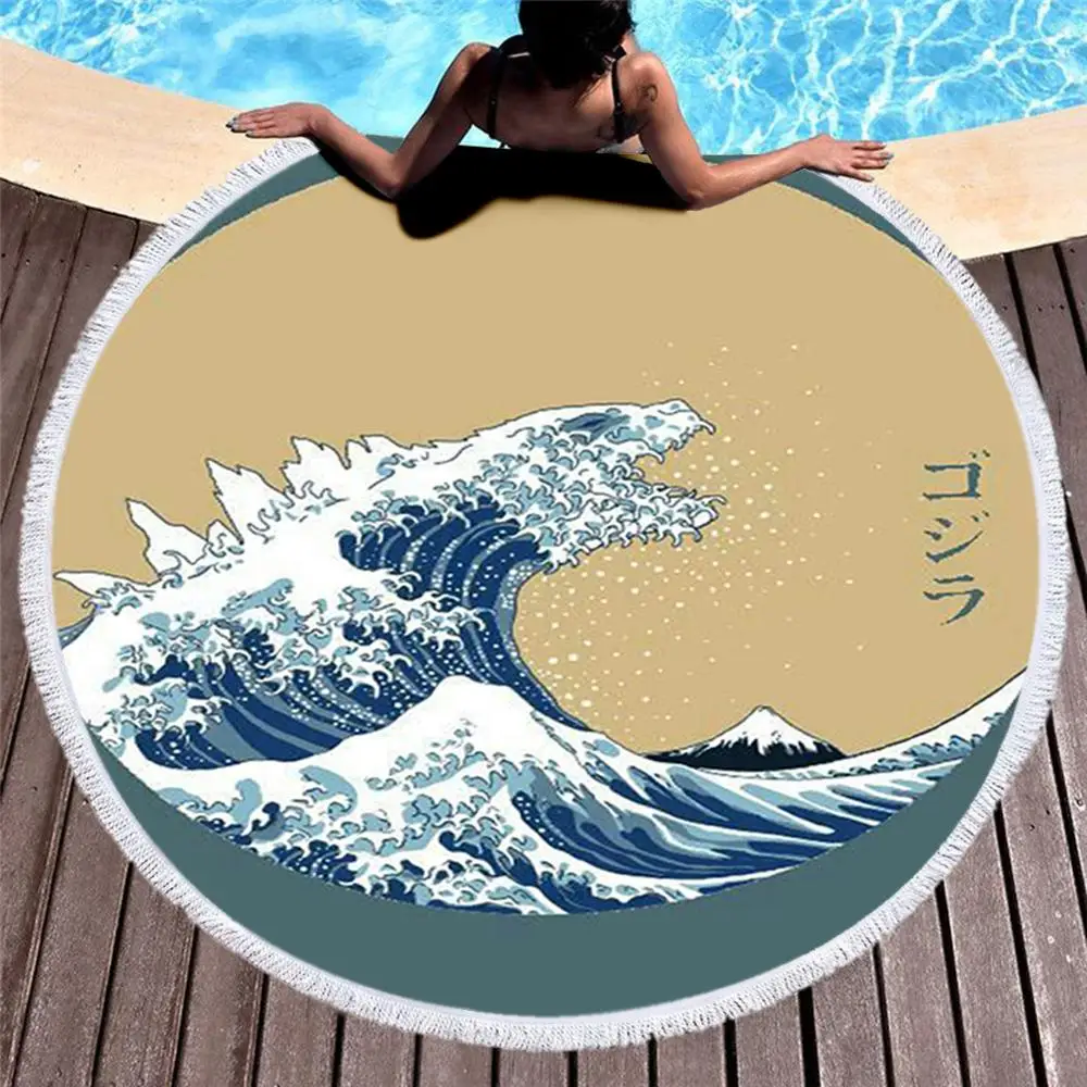 Круглый пляжное полотенце с кисточкой японские Знаменитые Картины большая волна