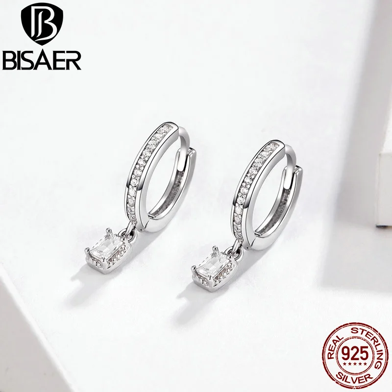 BISAER светящиеся 925 пробы серебряные квадратные геометрические формы Женские Висячие серьги для свадьбы, помолвки ювелирные изделия из кубического циркония EFE157