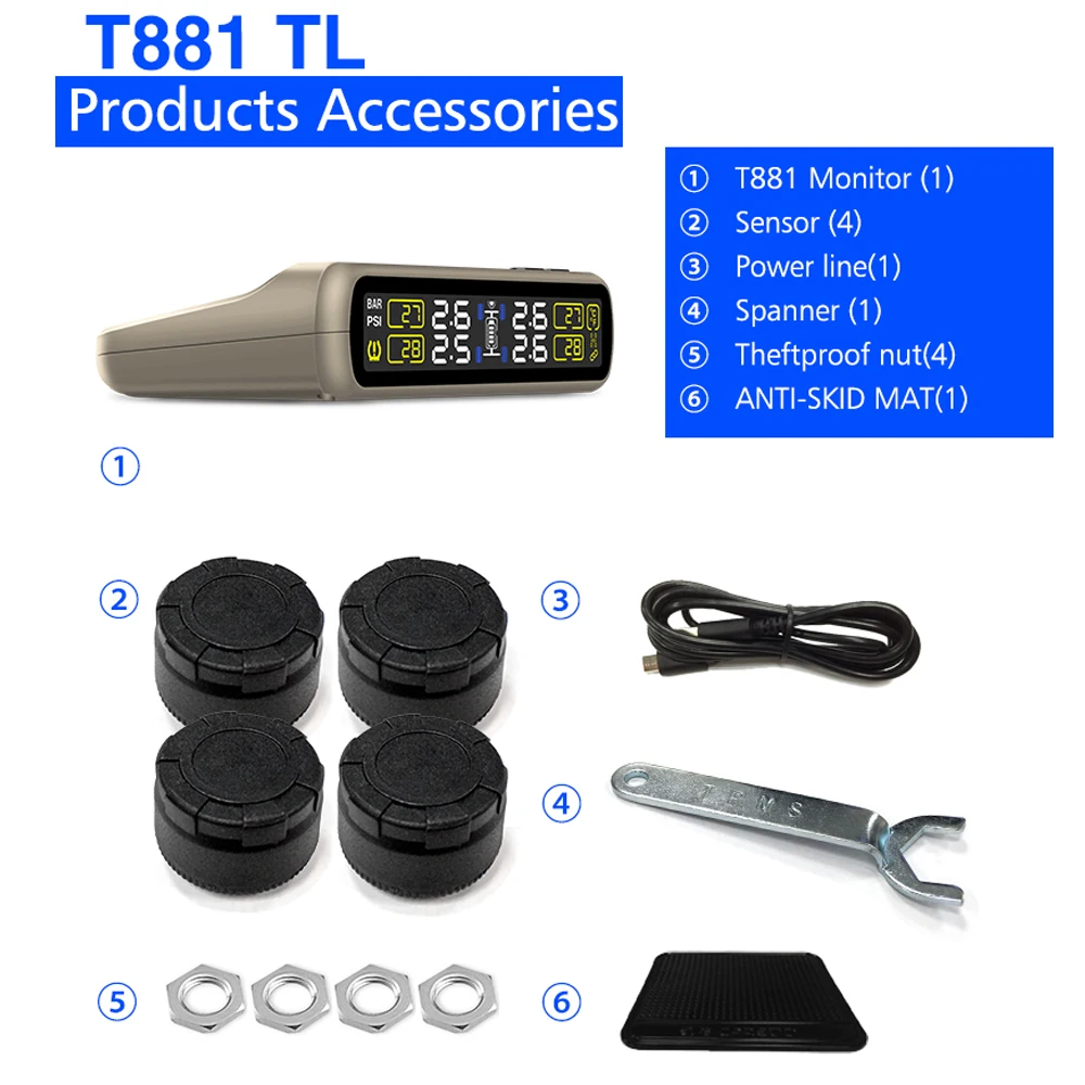 Автомобильная универсальная система контроля давления в шинах T881 TPMS 4 внешних