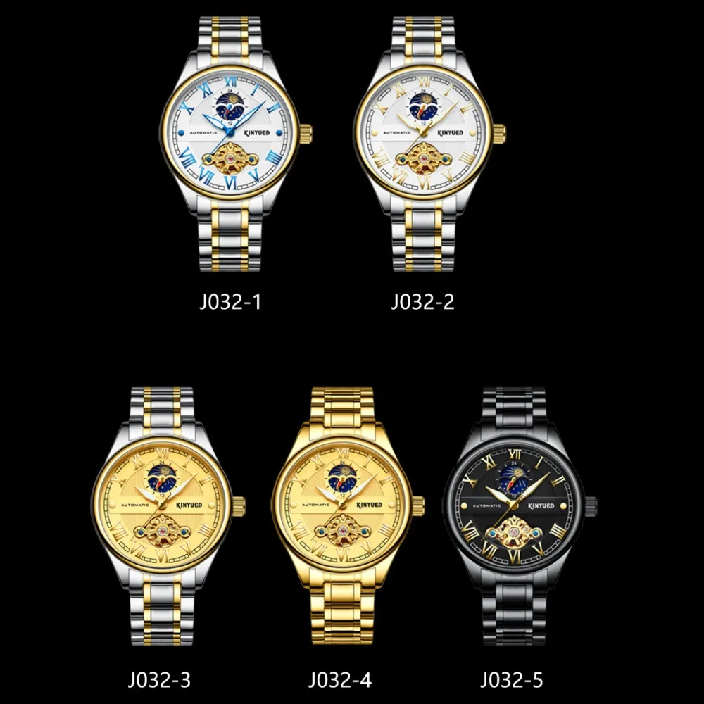 KINYUED механические деловые часы мужские Moon Phase Мужские s наручные золотые Tourbillon