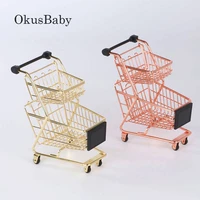 2021 new creative mini double layers shopping cart model wrought iron supermarket trolley vogue metal rose gold storage basket