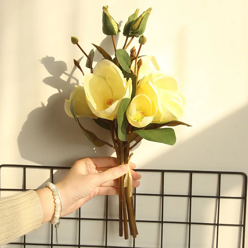 yellow Искусственные цветы для свадьбы искусственные Искусственные цветы лист Магнолия цветочный свадебный букет вечерние украшения для дома - Цвет: yellow