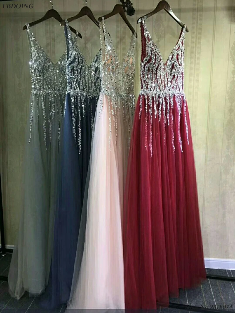 

Real Photo A-line Prom Dress V-neck Neckline Vestidos de festa Backless Sleeveless Plus Sizes Evening Dresses With Beadings