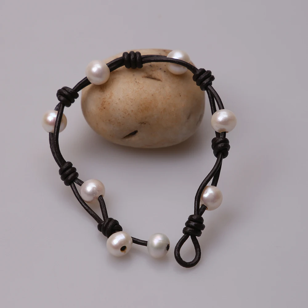 Женский браслет из натурального жемчуга ручной работы натуральной кожи с