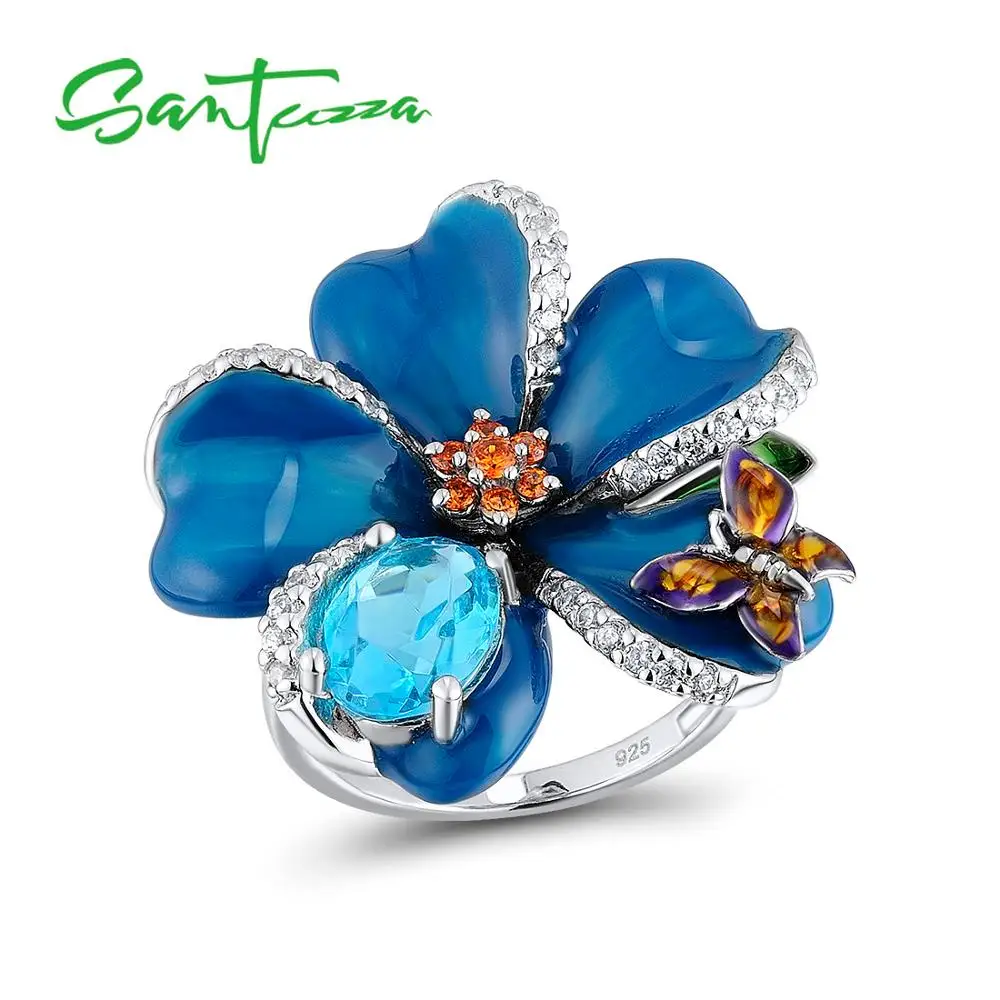 SANTUZZA, серебряное кольцо в виде цветка для женщин, 925 пробы, серебряные Модные кольца для женщин, кольцо с кубическим цирконием, вечерние ювелирные изделия с эмалью