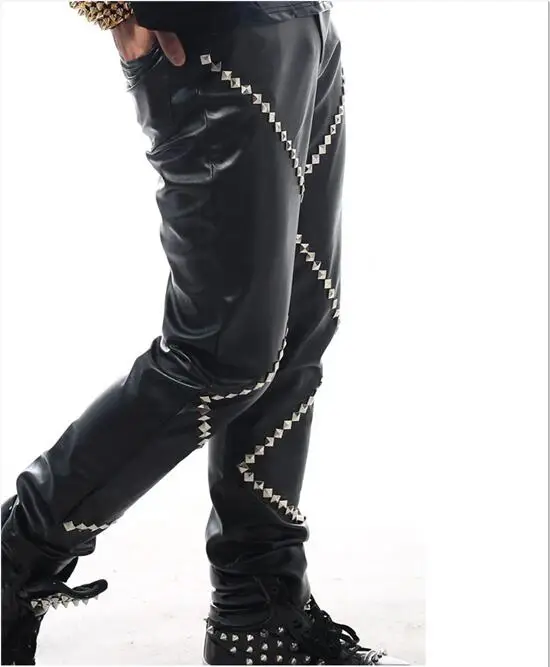 Черные красные брюки из искусственной кожи мужской костюм в стиле панк рок