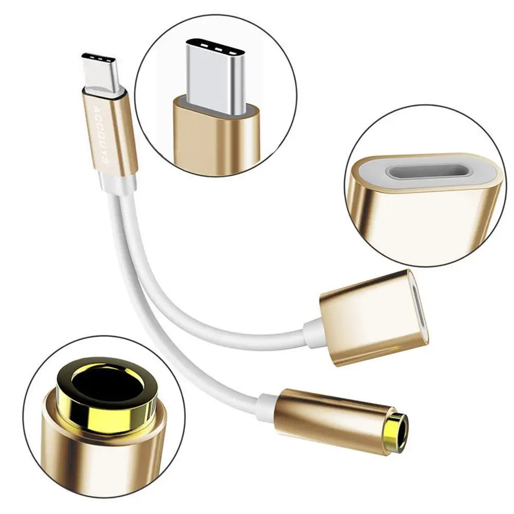 ACCGUYS 2 в 1 Тип usb C до 3,5 мм женский гнездо для подключения наушников кабель постоянного тока зарядный адаптер вызова для Xiaomi 6 huawei P20 samsung S8 S9 - Цвет: gold