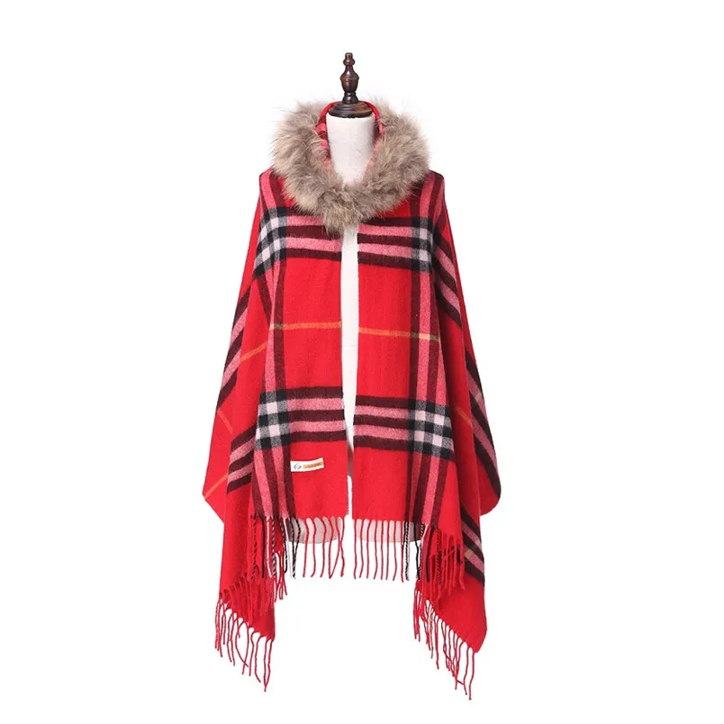 

ZY87033 популярные модные зимние шерстяные шарфы с геометрическим узором и воротником из енота, с капюшоном и кисточками, шали для мужчин и жен...