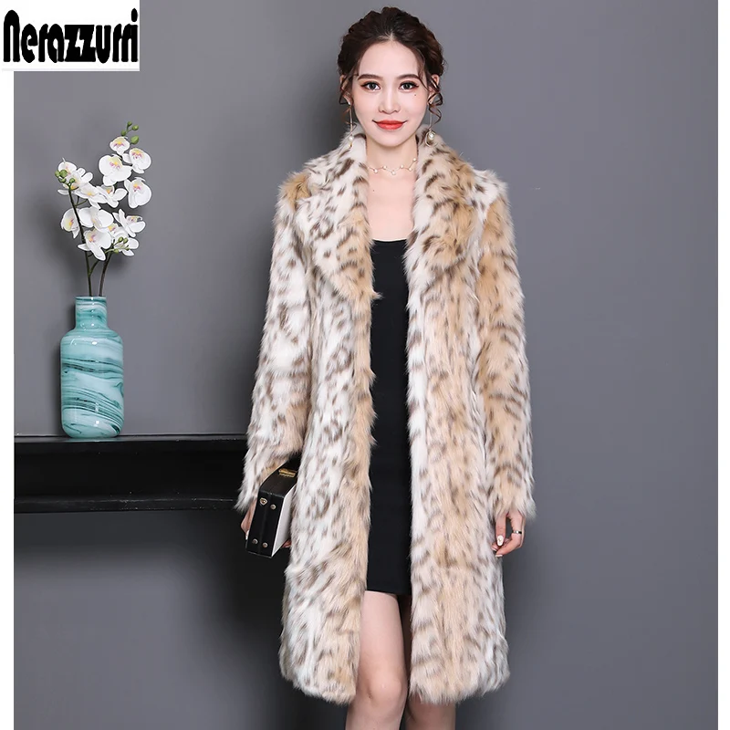 Nerazzurri Winter Warm Stylish Leopard print Fluffy Faux Fur Coat Women Long Sleeve Lapel Runway Colorful European Fashion 2021