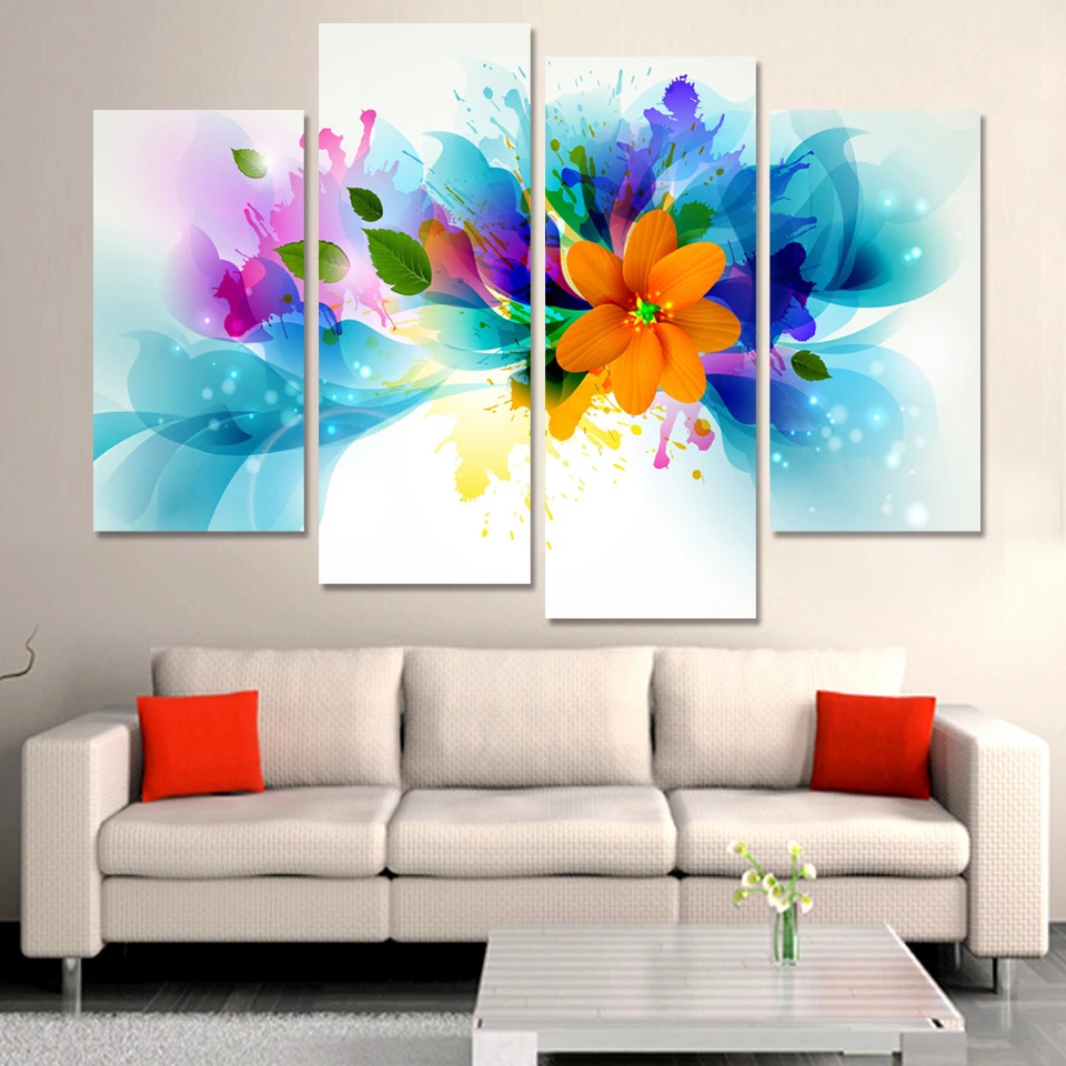 

Free Shipping Hot Sell 4 Panels Modern Wall Painting abstract flower picture Home Decorative Art Picture Paint on Canvas Prints