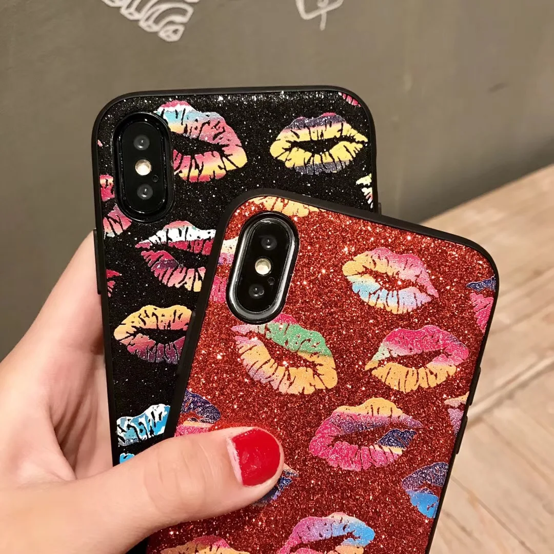 Kerzzil Fashion Red Lip Flash Powder Hard Phone Cases for iPhone 7 6 S 8 Plus TPU Soft edge Sexy Lips X |