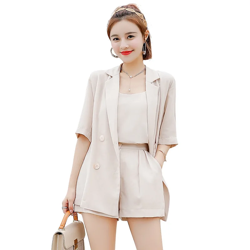 1Set (Blazer+Loose Flare Shorts+Camis) Summer Office Lady Business Turn-down Collar Casual Solid Color Fashion Women' Sets 2018 | Женская