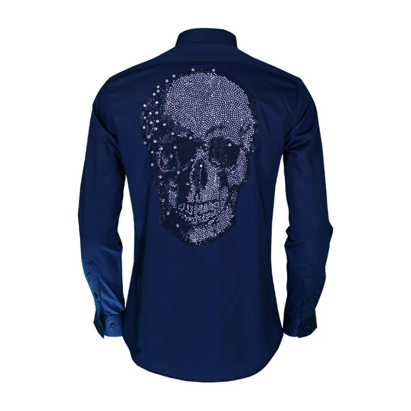 Crystal Skull men Shirt Square collar Full sleeve Slim Casual shirts male high quality 100% pure Cotton clothing Camisa