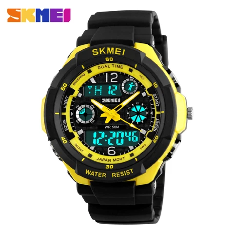 Skmei Брендовые спортивные часы модные повседневные часы мужские S-Shock кварцевые наручные часы Аналоговые военные светодиодный цифровые часы Montre Homme - Цвет: black yellow