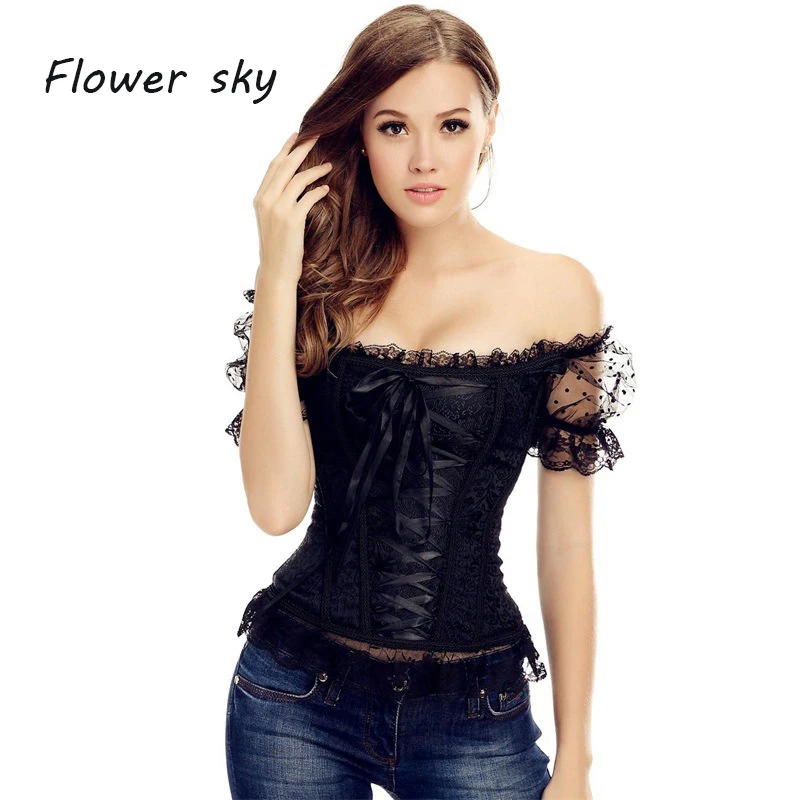 Женский корсет с кружевными буффами на рукавах черный для похудения|women corset|women
