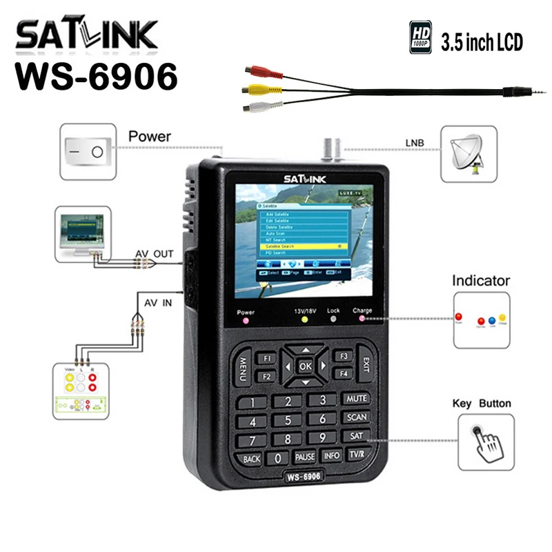 Satlink WS 6906 lnb DVB S цифровой ресивер fta спутниковый измеритель сигнала EPG 3 5 дюймов ЖК