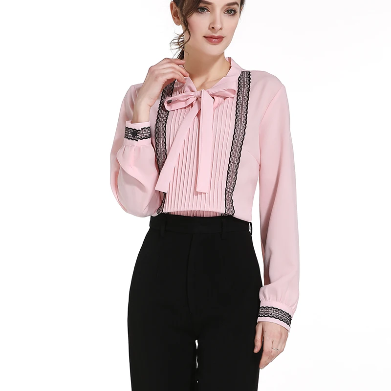 Womens Tops And Blouses Mujer De Moda 2021 Bow Office Lady Women V-Neck Solid Chiffon Blouse Shirt D472 30 | Женская одежда