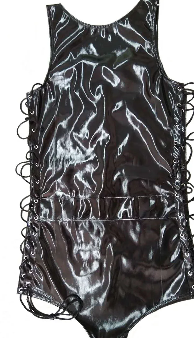 Мужской боди в стиле панк из черной лакированной кожи сексуальный без рукавов с