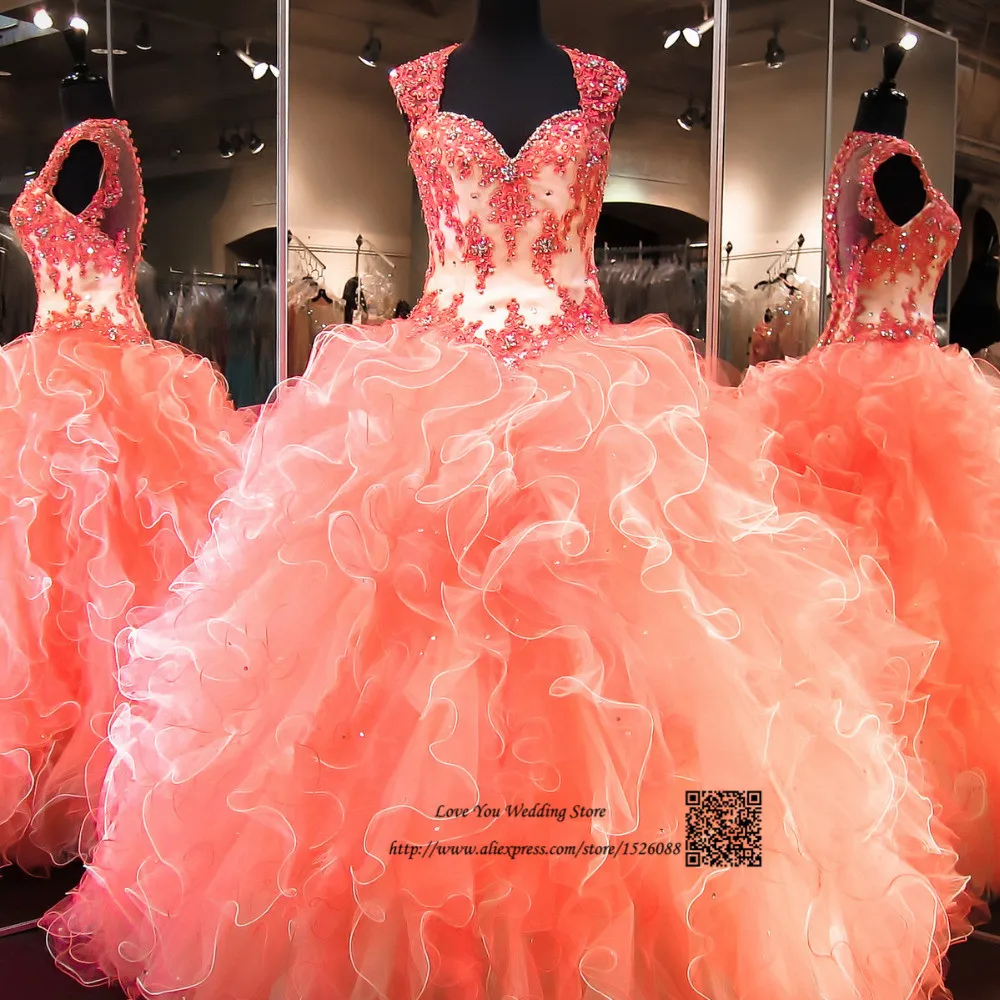 Коралловые дешевые платья Quinceanera 2016 кружевное платье из органзы с оборками Vestidos de