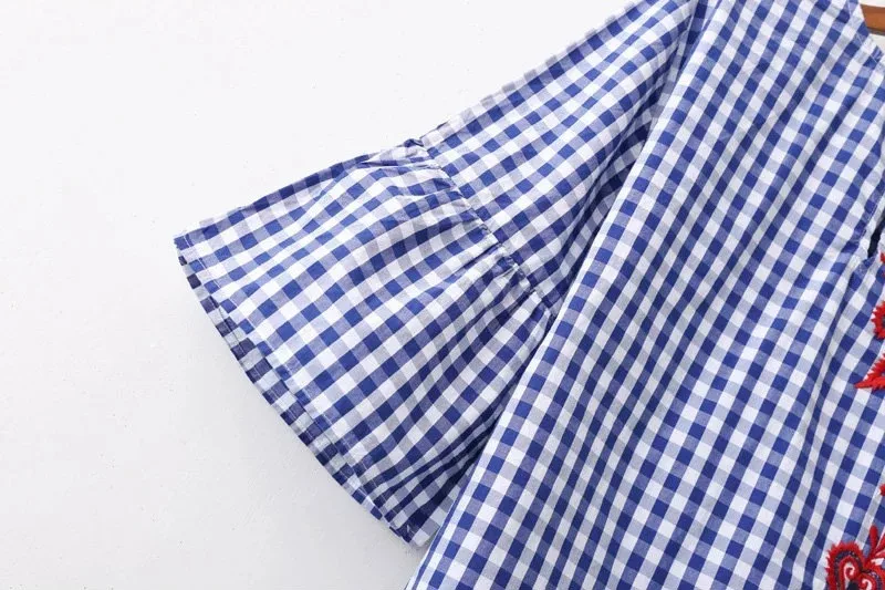 Вышивка женщины блузка рубашка Повседневная синий клетчатую рубашку цветочный