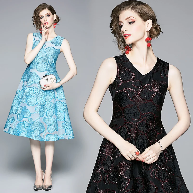 Высокое качество элегантное женское платье без рукавов с v-образным вырезом на