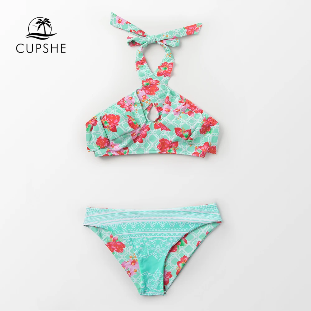 CUPSHE Сексуальная Зеленый цветочный принт с отворотом комплект бикини на