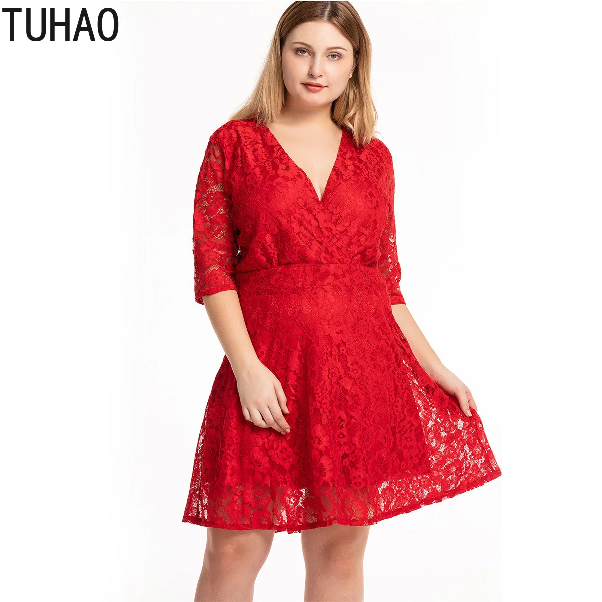 

Кружевное женское платье с V-образным вырезом, с высокой талией, элегантное красное летнее платье, 6XL, 7XL, T8019, размера плюс